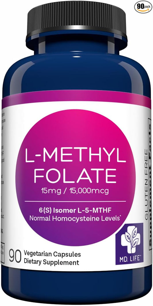 MD Life L Methylfolate 15mg - Professional-Grade Active Methylfolate Supplement - Maximum Potency MTHFR Supplements - L-methylfolate 15 mg 90 Capsules - Essential Amino Acids