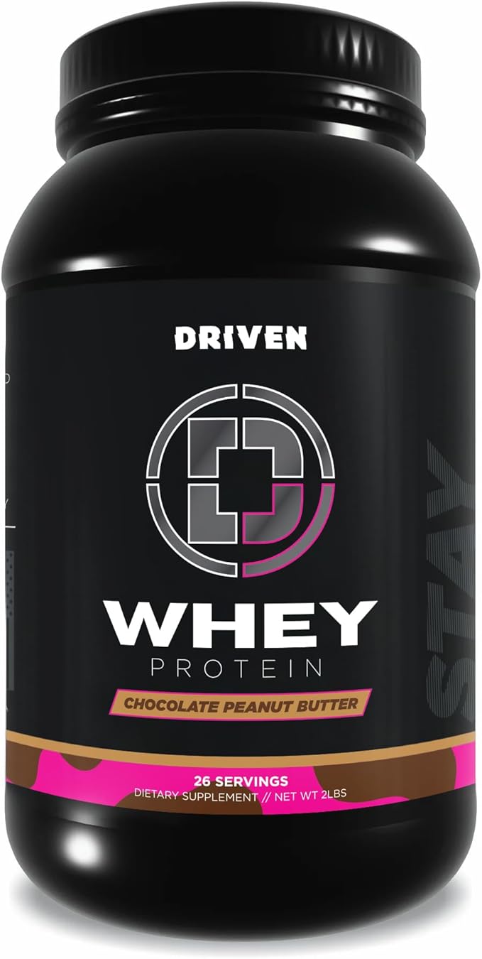 Driven WHEY- Whey Protein Powder: Delicious, Clean Protein Shake- Improve Muscle Recovery with 23 Grams of Protein with Added BCAA and Digestive Enzymes (2lb, Chocolate Peanut Butter)
