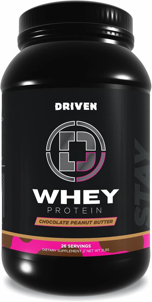 Driven WHEY- Whey Protein Powder: Delicious, Clean Protein Shake- Improve Muscle Recovery with 23 Grams of Protein with Added BCAA and Digestive Enzymes (2lb, Chocolate Peanut Butter)