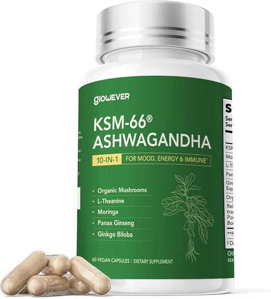 KSM-66 Ashwagandha Supplements with L-Theanine Moringa Organic Mushrooms Complex Ginseng Ginkgo Biloba - Mood & Energy Support, Cortisol Manager, Immune Support, 60 Vegan Capsules