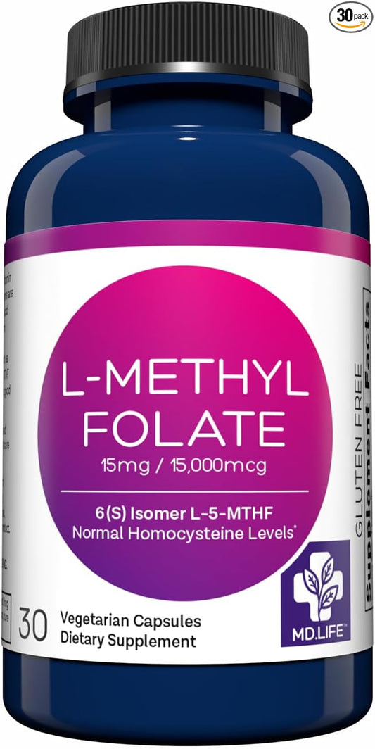 MD Life L-Methylfolate 15 mg Supplement - Professional-Grade Active L Methylfolate Supplement - 30 Capsules - L-Methylfolate 15mg - Maximum Potency MTHFR W/Essential Amino Acids