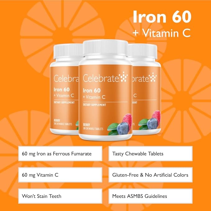Celebrate Vitamins Iron Supplement with 60mg Iron & Vitamin C – Berry Chewables for Bariatric Patients, Gastric Bypass & Sleeve Gastrectomy Support – 30 Tablets for Post-Surgery Health Maintenance