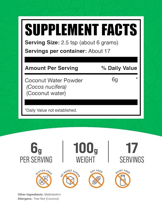 BulkSupplements.com Coconut Water Powder - Electrolyte Supplement, Water Flavoring & Enhancer - No Sugar Added & Gluten Free, 6g per Serving, 100g (3.5 oz) (Pack of 1)