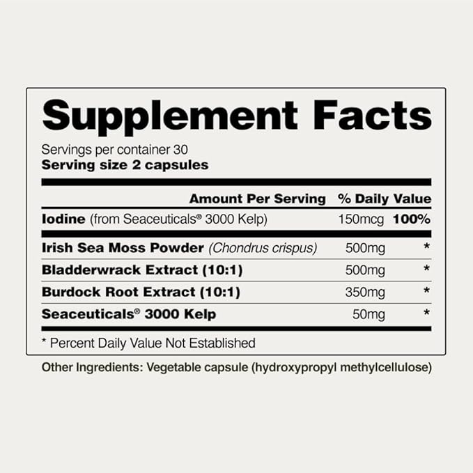 Snap Supplements Irish Sea Moss Capsules with Bladderwrack, Burdock Root & Iodine – Supports Energy, Immune Health, Digestion & Skin – 60 Capsules