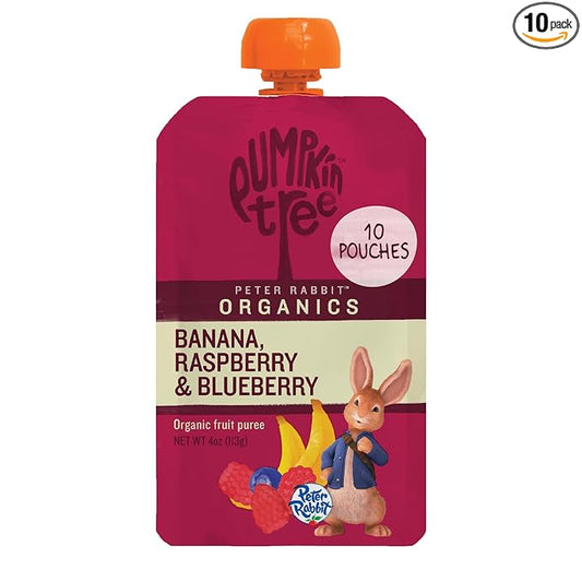 Pumpkin Tree Peter Rabbit Organics, Organic Raspberry, Banana and Blueberry 100% Pure Fruit Snack, 4 oz. Squeeze Pouches (Pack of 10)