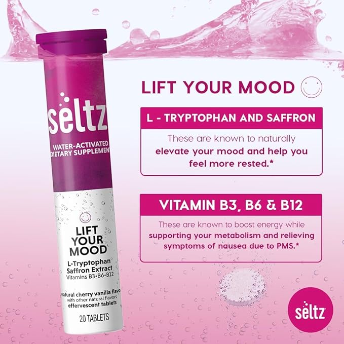 Seltz® Water-Activated Vitamins - Lift Your Mood with L-Tryptophan, Saffron Extract and Vitamins B3 B6 B12 – Natural Cherry Vanilla Flavor Dietary Supplement - 6 Packs x 20 Effervescent Tablets Each