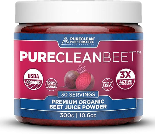 PureClean Beet Premium Beet Juice Powder - 100% Organic Nitric Oxide Support for Clinically-Proven 3X Greater Circulation, Endurance & Energy - Proudly Cold-Pressed, Eco Friendly, USA - 30 Servings