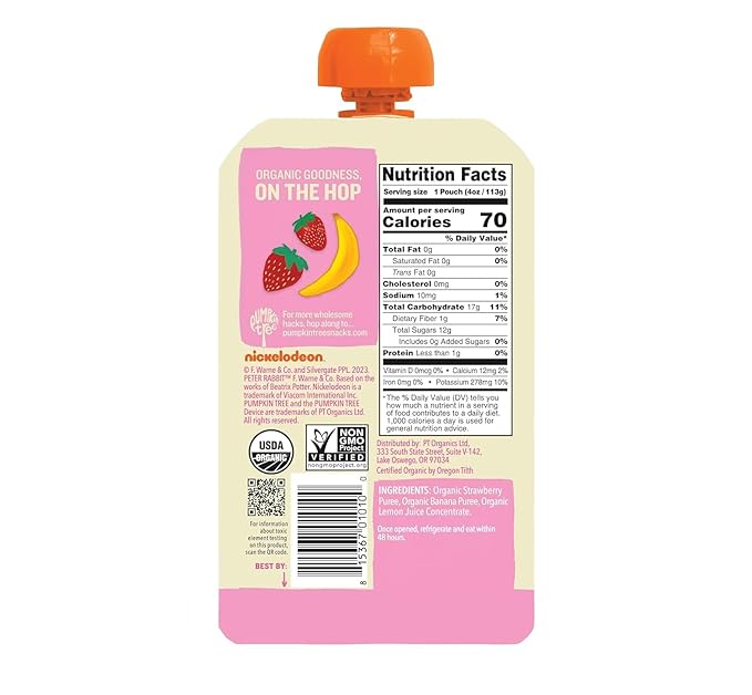 Pumpkin Tree Peter Rabbit Organics Strawberry and Banana Pure Fruit Snack, 4 Ounce (Pack of 36)