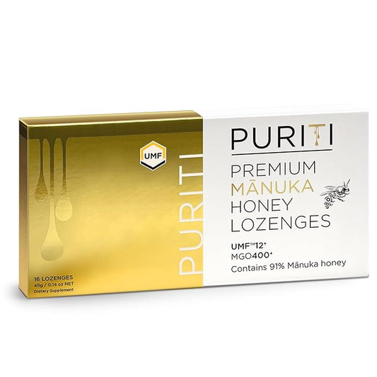 PURITI Premium Manuka Honey Lozenges High Potency - Sugar Free Drops | Genuine New Zealand Raw Manuka Honey Soothers for Coughs & Sore Throats | UMF Certified MGO 400+ UMF12+ (16 Pack)