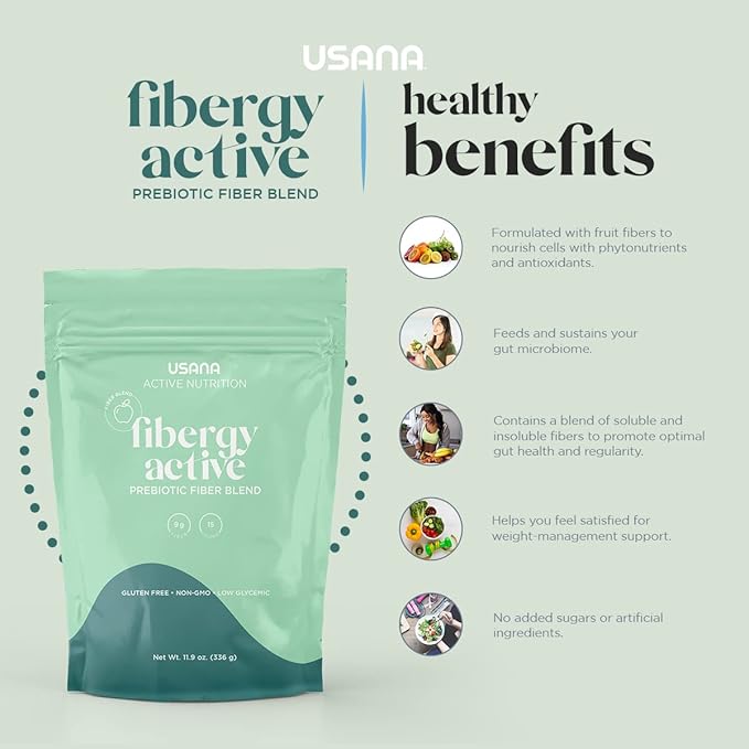 USANA Fibergy Active with Prebiotic Fiber for Gut Health – Non-GMO – Gluten Free – Low Glycemic – 336 Grams - 28 Servings