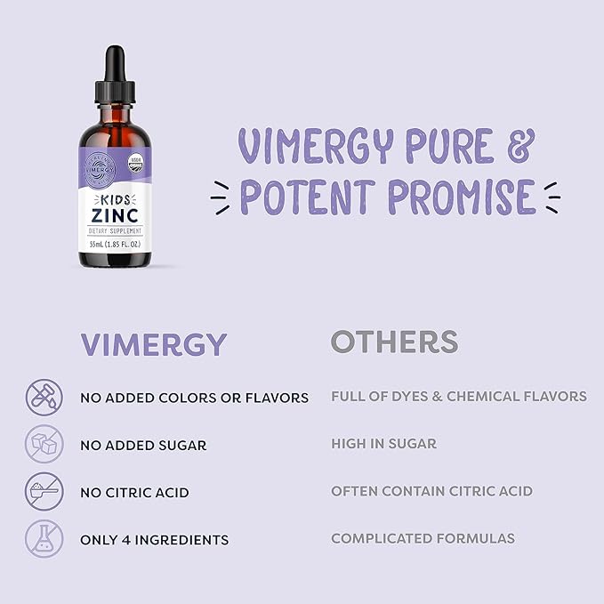 Vimergy Kids Organic Liquid Zinc Sulfate – For Children & Adolescence 1-18 Years Old, Fast-Absorbing Immune Support* – Promotes Healthy Bones, Hair & Skin. USDA Organic, Kosher, Vegan, Non-GMO – 55 mL