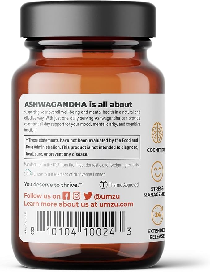 UMZU Ashwagandha Advanced Stress & Cortisol Support Supplement, Memory, Focus, Cognition, 24-Hour Extended Release (30 Day Supply | 30 Capsules)