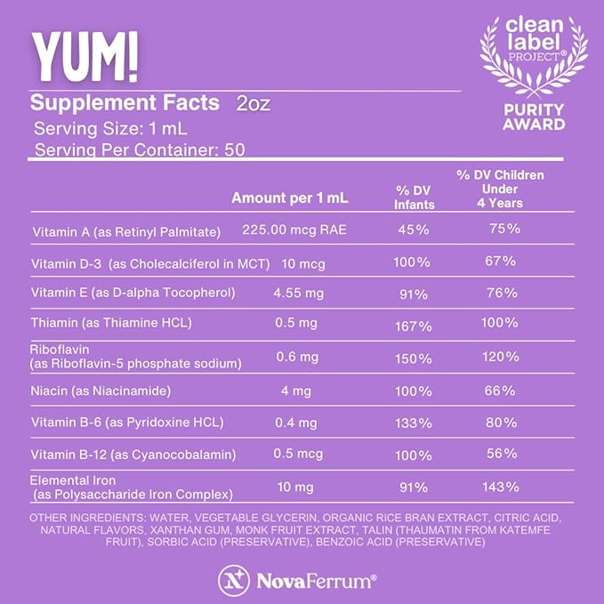 NovaFerrum Yum | Multivitamin with Iron for Infants, Toddlers & Kids | Immune Support | Ages 4 & Under | Gluten Free Certified | Sugar Free | Raspberry Grape | 50 Servings