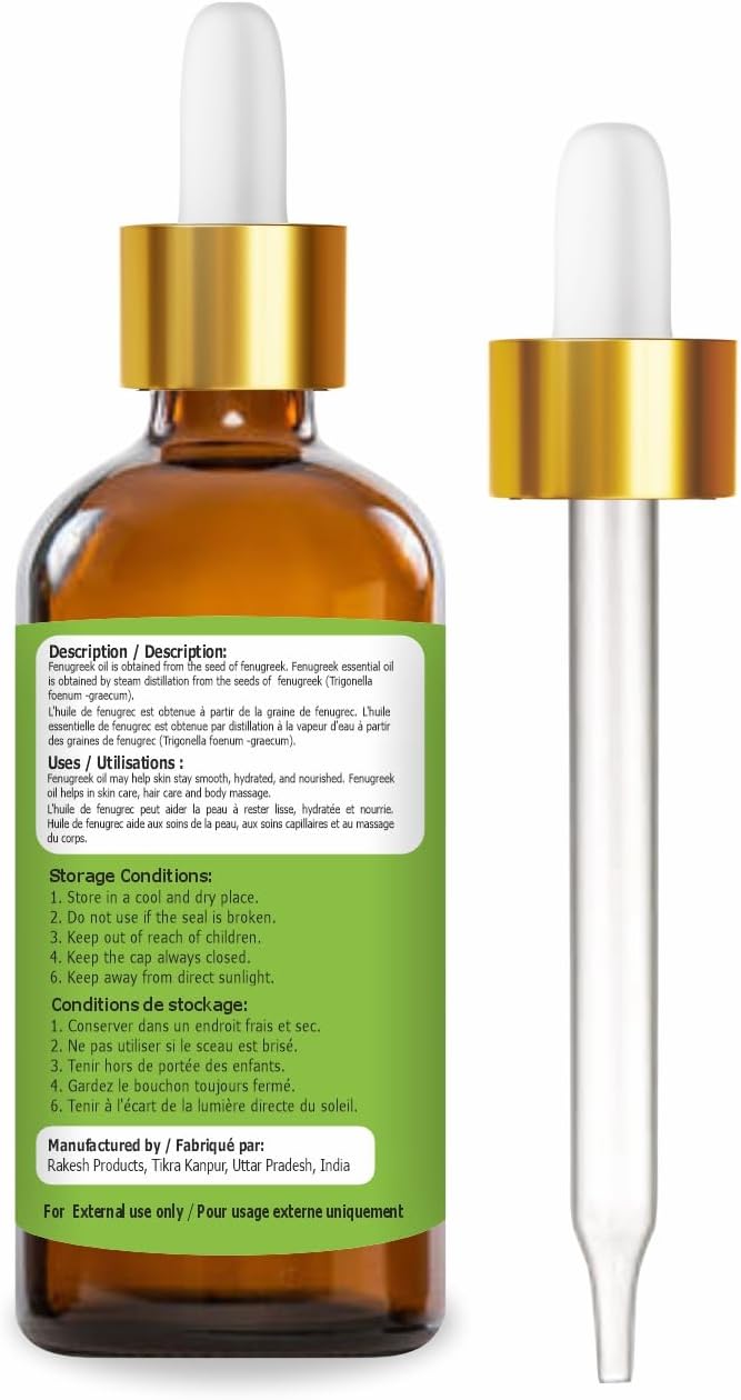 Fenugreek (Trigonella foenum) Essential Oil 100% Pure & Natural Undiluted Uncut Oil - Use for Aromatherapy - Therapeutic Grade - 100 ML with Dropper