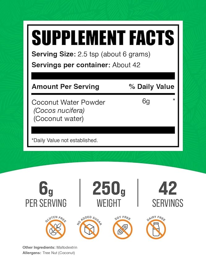 BulkSupplements.com Coconut Water Powder - Electrolyte Supplement, Water Flavoring & Enhancer - No Sugar Added & Gluten Free, 6g per Serving, 250g (8.8 oz) (Pack of 1)