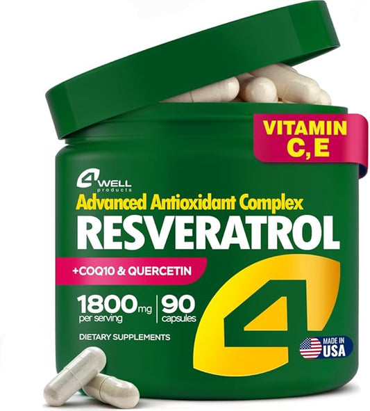 Resveratrol Supplement 1800mg Complex - COQ10, Quercetin, Vitamin E, Vitamin C - Powerful Antioxidant Formula for Enhanced Energy, Heart Health & Healthy-Aging Support Trans Resveratrol 90 Capsules