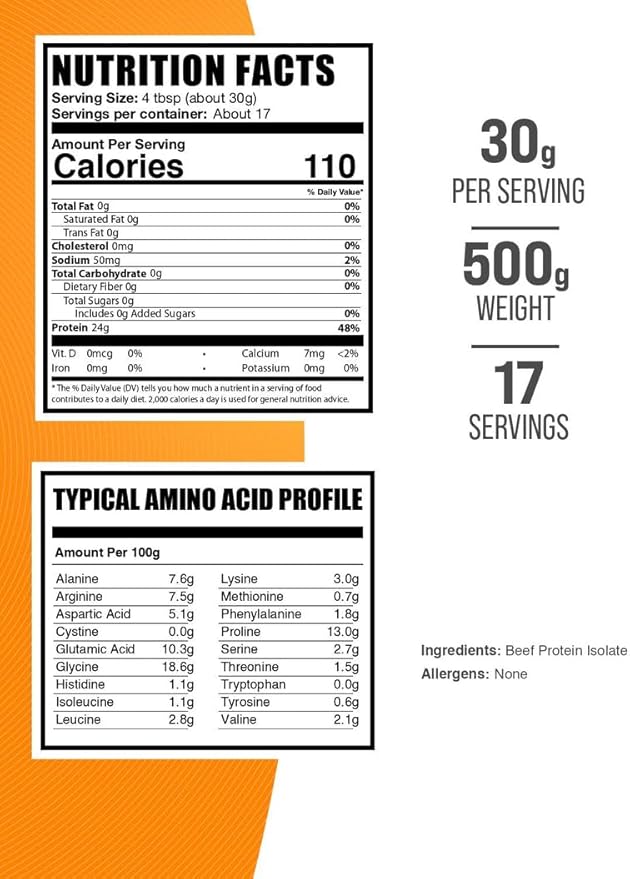 BulkSupplements.com Beef Protein Isolate Powder - Lactose Free Protein Powder, Beef Protein Powder - Unflavored & Gluten Free, 30g per Serving, 500g (1.1 lbs) (Pack of 1)