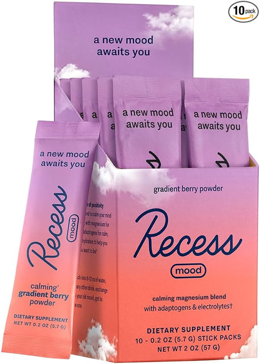 Recess Mood Powder, Calming Magnesium L-Threonate Blend with Passion Flower, L-Theanine, Electrolytes, Magnesium Calm Support Supplement - Gradient Berry Pack of 10