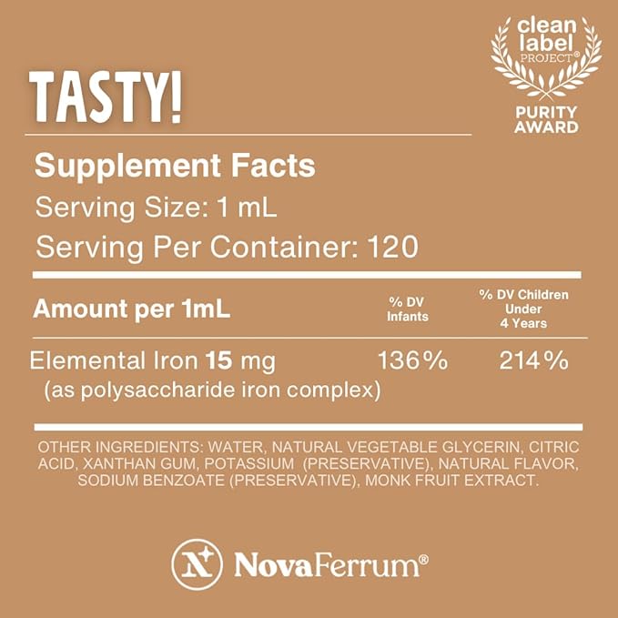 NovaFerrum Tasty | Pediatric Drops Liquid Iron Supplement for Infants, Toddlers & Kids | 15mg of Iron Per 1mL Dose | Ages 4 & Under | Gluten Free | Sugar Free | Chocolate Flavored | 120 Servings