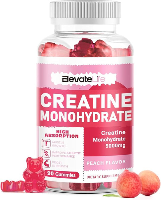 ElevateLife Creatine Monohydrate Gummies 5000mg for Men & Women, Chewables Creatine Monohydrate for Muscle Strength, Muscle Builder, Energy Boost, Pre-Workout Supplement-90 Peach Gummies