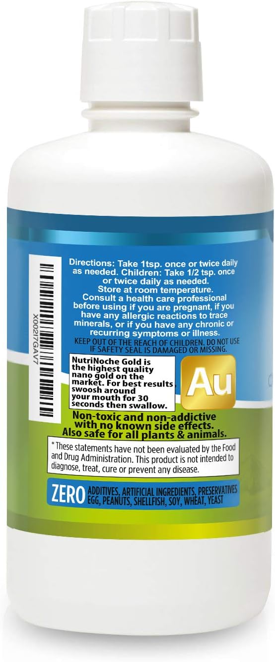 Colloidal Gold Liquid Organic Supplement by Nutrinoche - 100% Pure Nano Gold Mineral - Supports Mental Clarity, Focus & Relaxation - 32 oz Bottle - Vegan, Gluten-Free - Crystalline- 30 ppm