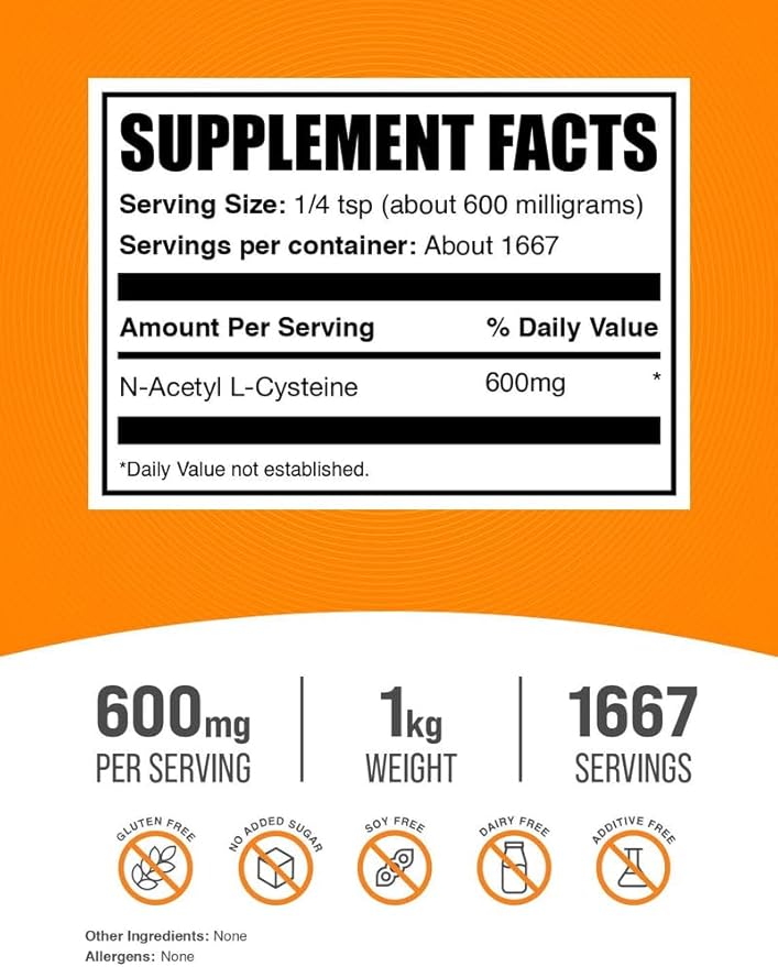 BulkSupplements.com NAC Powder - N-Acetyl Cysteine 600mg, NAC Supplement - Antioxidant Support, Gluten Free - 600mg per Serving, 1667 Servings, 1kg (2.2 lbs) (Pack of 1)