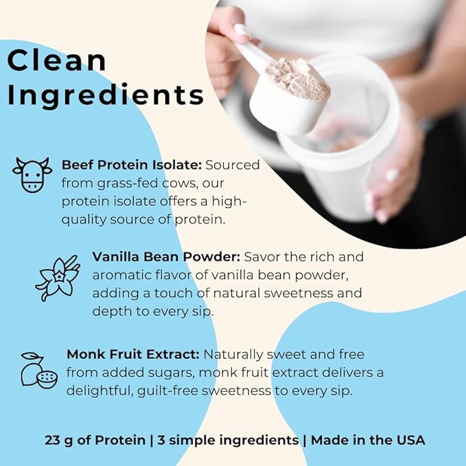 Grass Fed Beef Protein Powder Isolate - AutoimmuniTea, 23g of Paleo Carnivore Protein, Keto Friendly, Grain Free, No Dairy or Soy, No Whey, Stevia Free, Vanilla Flavor - 2lbs of Prime Muscle Building