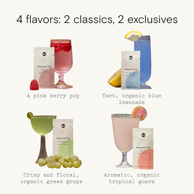 Moon Juice Tutti Frutti Magnesi-Om Variety Pack | Magnesium + L-Theanine | for Natural Calm + Regularity | Magnesium Citrate | Sugar Free | Guava, Green Grape, Blue Lemon, Berry | (24 Sticks)