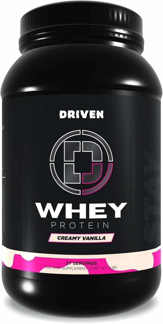 Driven WHEY- Grass Fed Whey Protein Powder: Delicious, Clean Protein Shake- Improve Muscle Recovery with 23 Grams of Protein with Added BCAA and Digestive Enzymes (2 lb, Creamy Vanilla)
