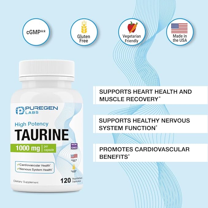 Puregen Labs Taurine 1000mg [High Potency] Total 240 Veg Capsules | No Harmful Additives | Non-GMO, NO Gluten and Dairy, Supports Heart Health and Muscle Recovery | Made in USA
