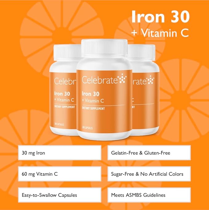 Celebrate Vitamins Iron Supplement with Vitamin C - 30mg Iron, 60mg Vitamin C, Bariatric Vitamins for WLS Patients, Vertical Sleeve & Gastric Bypass Surgery – 90 Capsules