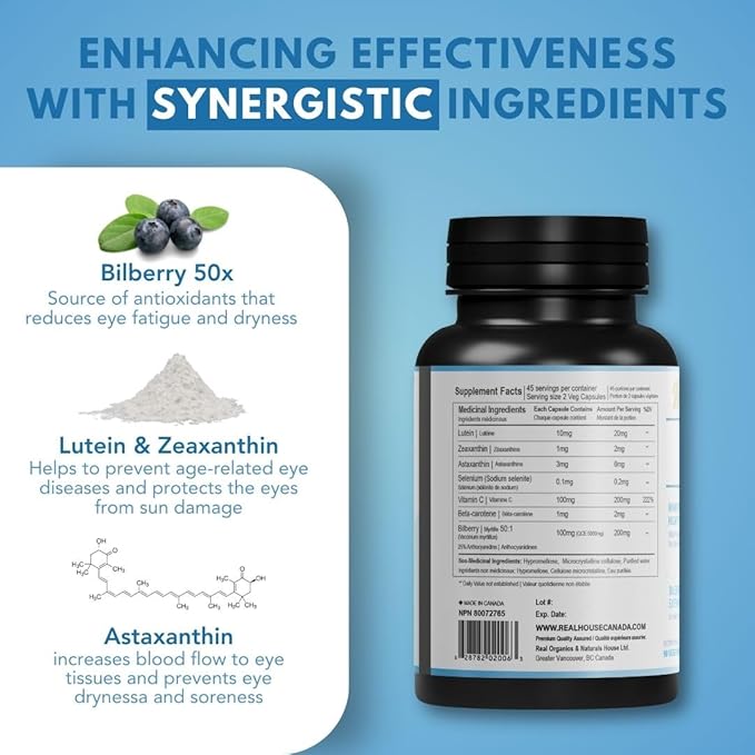Eye Shield Supplement with Bilberry, Lutein, Zeaxanthin, Astaxanthin, and Beta-Carotene - Supports Dry Eyes, Vision Health, and Night Vision (90 Capsules)