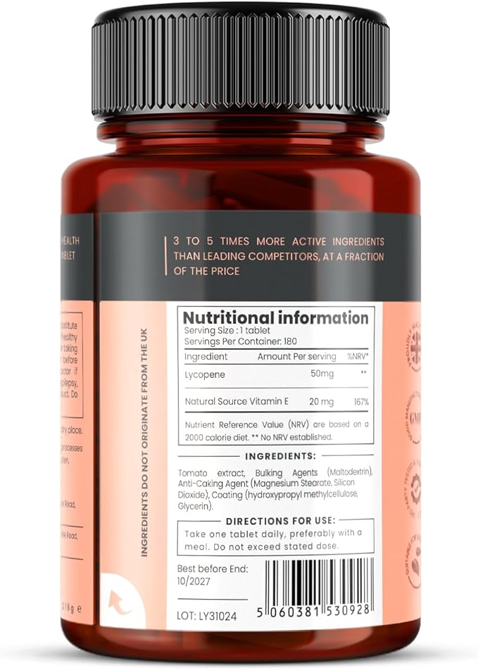 pureclinica 50mg Lycopene x 360 Tablets (2 Bottles of 180 Tablets Each - 12 Months Supply). Triple Strength Lycopene are 3 x Strength of Regular Tablets.