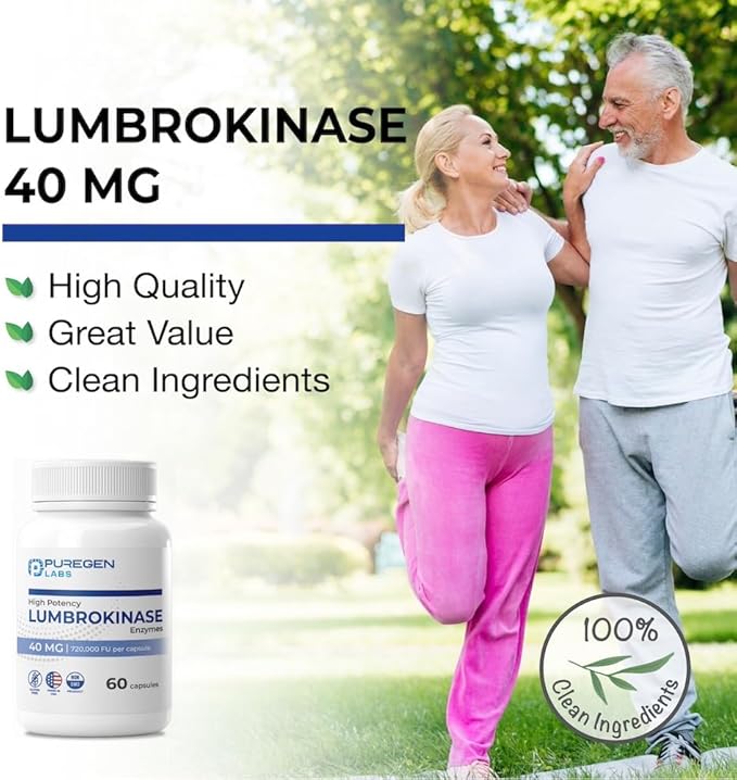 Puregen Labs Lumbrokinase 40mg per Capsule High Potency Supplement | High Activity Lumbrokinase Enzymes | No Harmful Additives | Non-GMO | Gluten Free | Made in USA - 60 Vegetarian Capsules