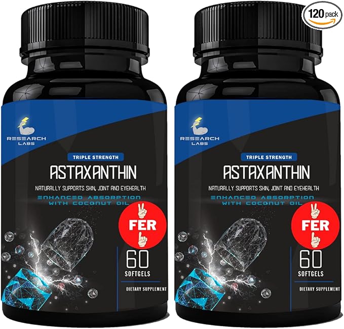 Research Labs Triple Strength Natural Astaxanthin 12mg Softgels + Extra Bottle Organic Coconut Oil for Enhanced Absorption Powerful Antioxidant Supports Eye Joint & Heart Health 120 Total Softgels