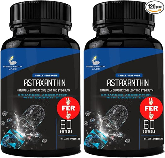 Research Labs Triple Strength Natural Astaxanthin 12mg Softgels + Extra Bottle Organic Coconut Oil for Enhanced Absorption Powerful Antioxidant Supports Eye Joint & Heart Health 120 Total Softgels