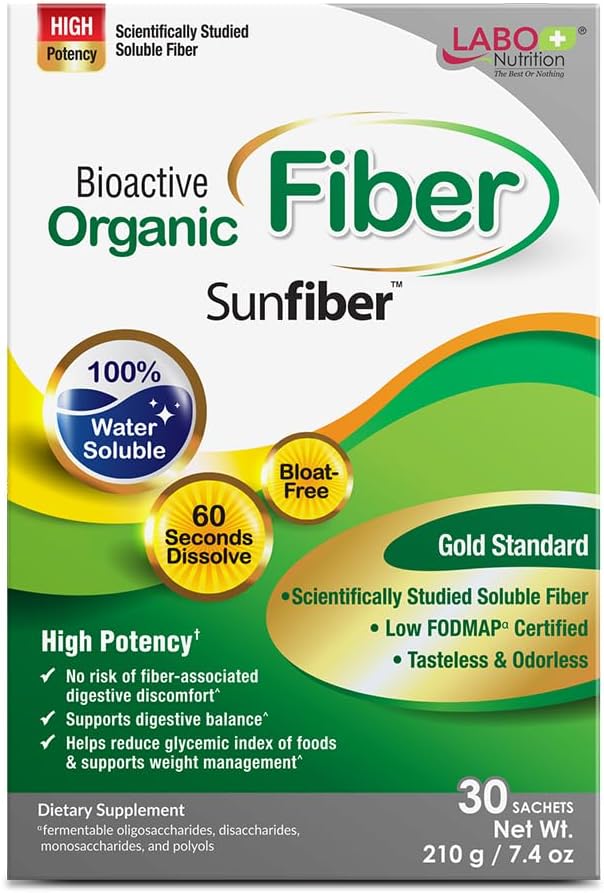 LABO Nutrition Bioactive Organic Fiber – Sunfiber PHGG Soluble Prebiotic Fiber for Digestive Regularity & Gut Health – Partially Hydrolyzed Guar Gum, Low FODMAP, Unflavored, Vegan, Non-GMO, 30 Sachets