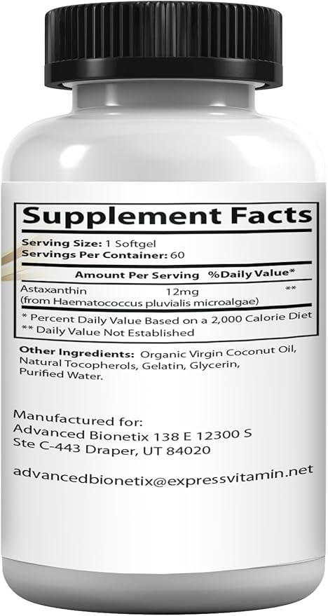 Triple Strength AstaQuil™ Astaxanthin 12mg High Bioavailability Formula, 60 Softgels Organic Coconut Oil for Enhanced Absorption. Powerful Antioxidant for Eye, Joint & Heart Health