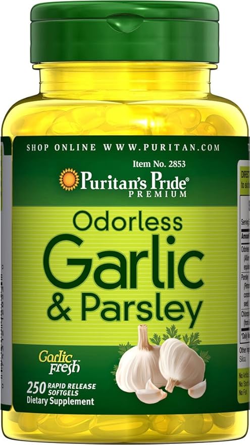 Puritan's Pride Preimum Odorless Garlic 5 mg (500 mg equivalent) & Parsley, Traditional Dietary Supplement for Heart Health, Circulation, and Blood Flow Support, 250 Rapid Release Softgels