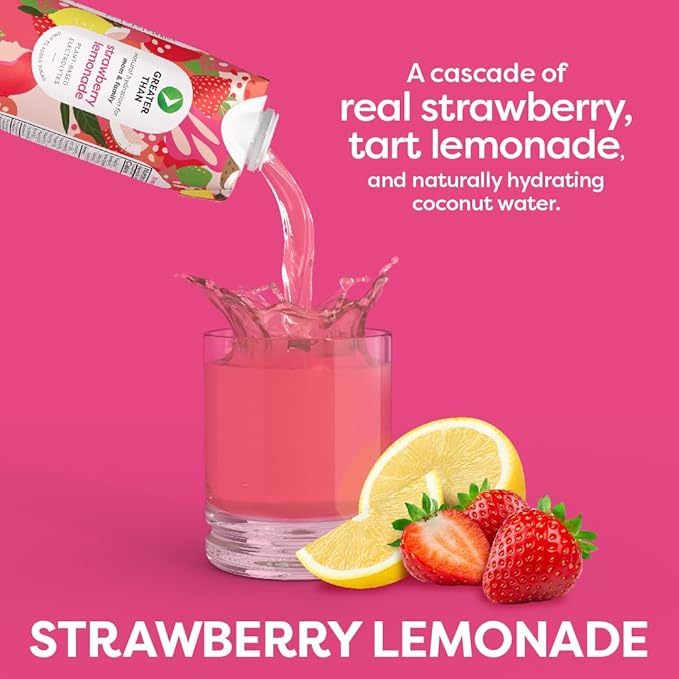 Greater Than Nutrient Hydration Beverage, Electrolyte Drink for Gut Health & Energy with Coconut Water, Vitamins, Gluten Free, Plant Based, Low Sugar for Moms and Families, Strawberry Lemonade, 12 Pack