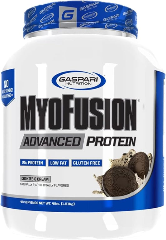 Gaspari Nutrition Myofusion Advanced Protein, Protein Blend with Whey Protein, Casein Protein and Isolate Protein, Low Fat and Gluten Free (Cookies and Cream, 4 Pound)