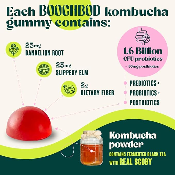 Probiotic Kombucha Gummy - Prebiotics, Probiotics, Postbiotics, Fiber Supplement, Slippery Elm, Dandelion Root, MCT Oil, for Bloating, Gut Health - Probiotics for Women, Probiotics for Men