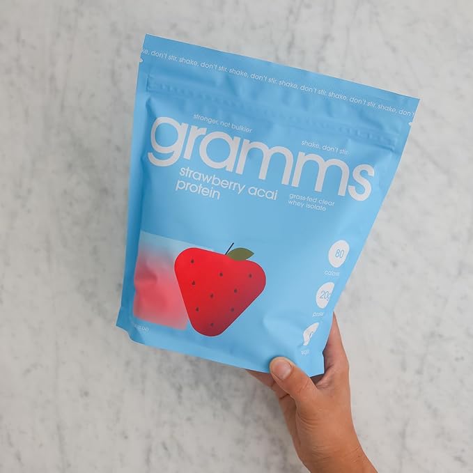 GRAMMS Clear Protein Powder, Strawberry Acai | 20g Protein Grass-Fed Whey Isolate, Zero Sugar, Zero Lactose, Non-Bloating, Non-GMO, Protein for Women (18 Servings)