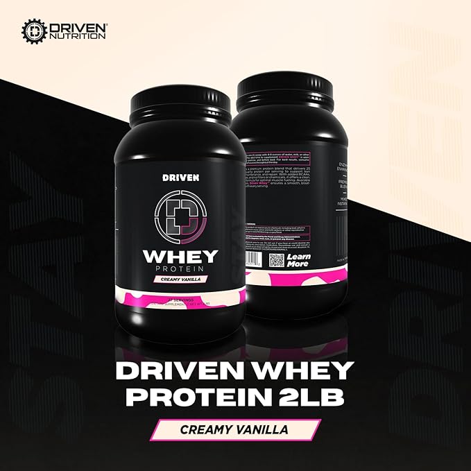 Driven WHEY- Grass Fed Whey Protein Powder: Delicious, Clean Protein Shake- Improve Muscle Recovery with 23 Grams of Protein with Added BCAA and Digestive Enzymes (2 lb, Creamy Vanilla)