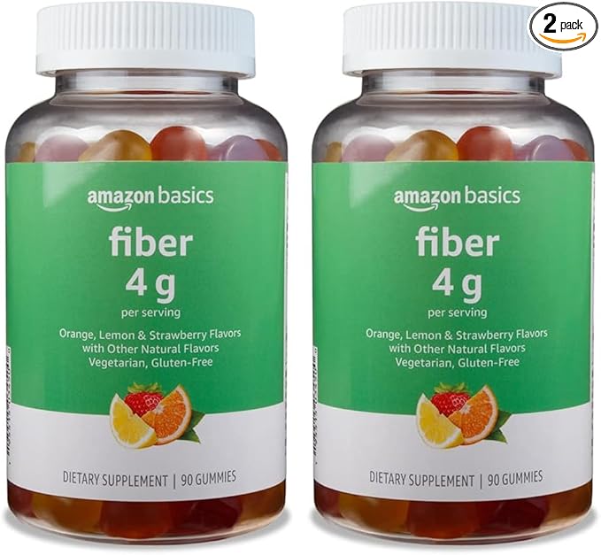 Amazon Basics (previously Solimo Fiber 4g Gummy - Digestive Health, Supports Regularity, Orange, Lemon & Strawberry, 90 Gummies (2 per Serving) (Pack of 2)