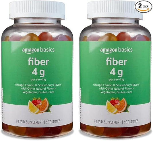 Amazon Basics (previously Solimo Fiber 4g Gummy - Digestive Health, Supports Regularity, Orange, Lemon & Strawberry, 90 Gummies (2 per Serving) (Pack of 2)