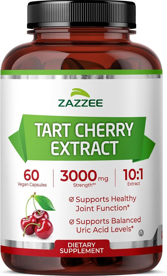 Zazzee Tart Cherry 10:1 Extract, 3000 mg Strength, 60 Vegan Capsules, 2 Month Supply, Certified Kosher, Concentrated and Standardized 10X Extract, 100% Vegetarian, All-Natural, Gluten Free, Non-GMO