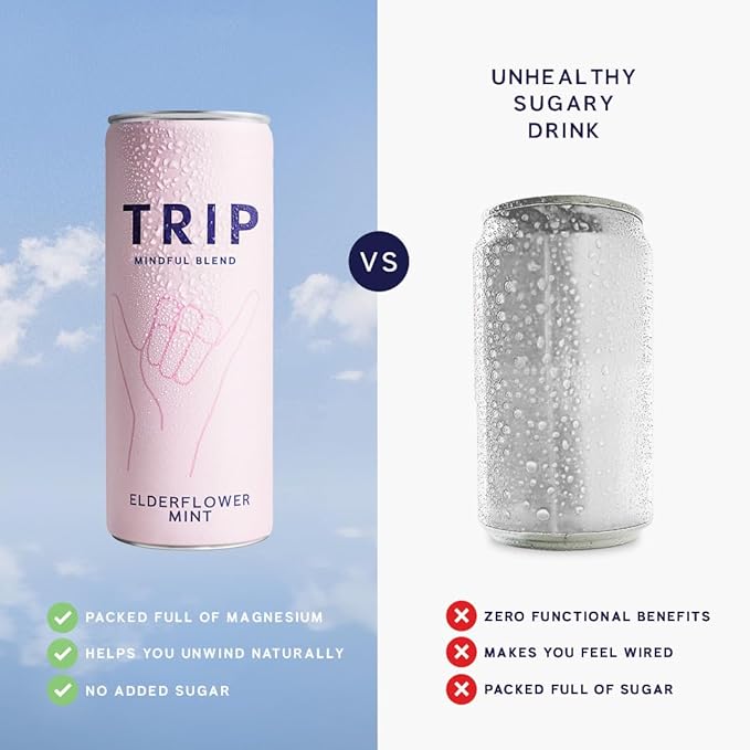 Trip Mindful Blend, Lightly Sparkling Adaptogen Seltzer, Mocktail w/ 120mg Magnesium Citrate with Ashwagandha, Lions Mane & L Theanine, No Added Sugar, Vegan, Elderflower Mint, 12 Oz, 12Pk