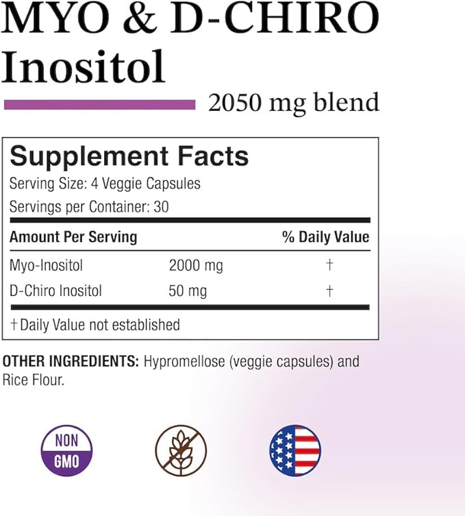 Puregen Labs Inositol Supplement | Myo Inositol & D-Chiro Inositol 2050mg - 120 Veggie Caps | No Harmful Additives | Non-GMO, NO Gluten and Dairy - Made in USA