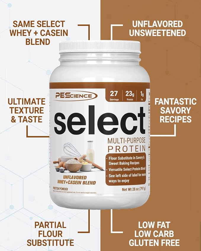 PEScience Select Multi-Purpose Unflavored Protein Powder, Low Carb, Keto Friendly, Gluten Free, Whey and Casein Blend, Protein Powder for Baking and Smoothies - Unflavored - 27 Servings